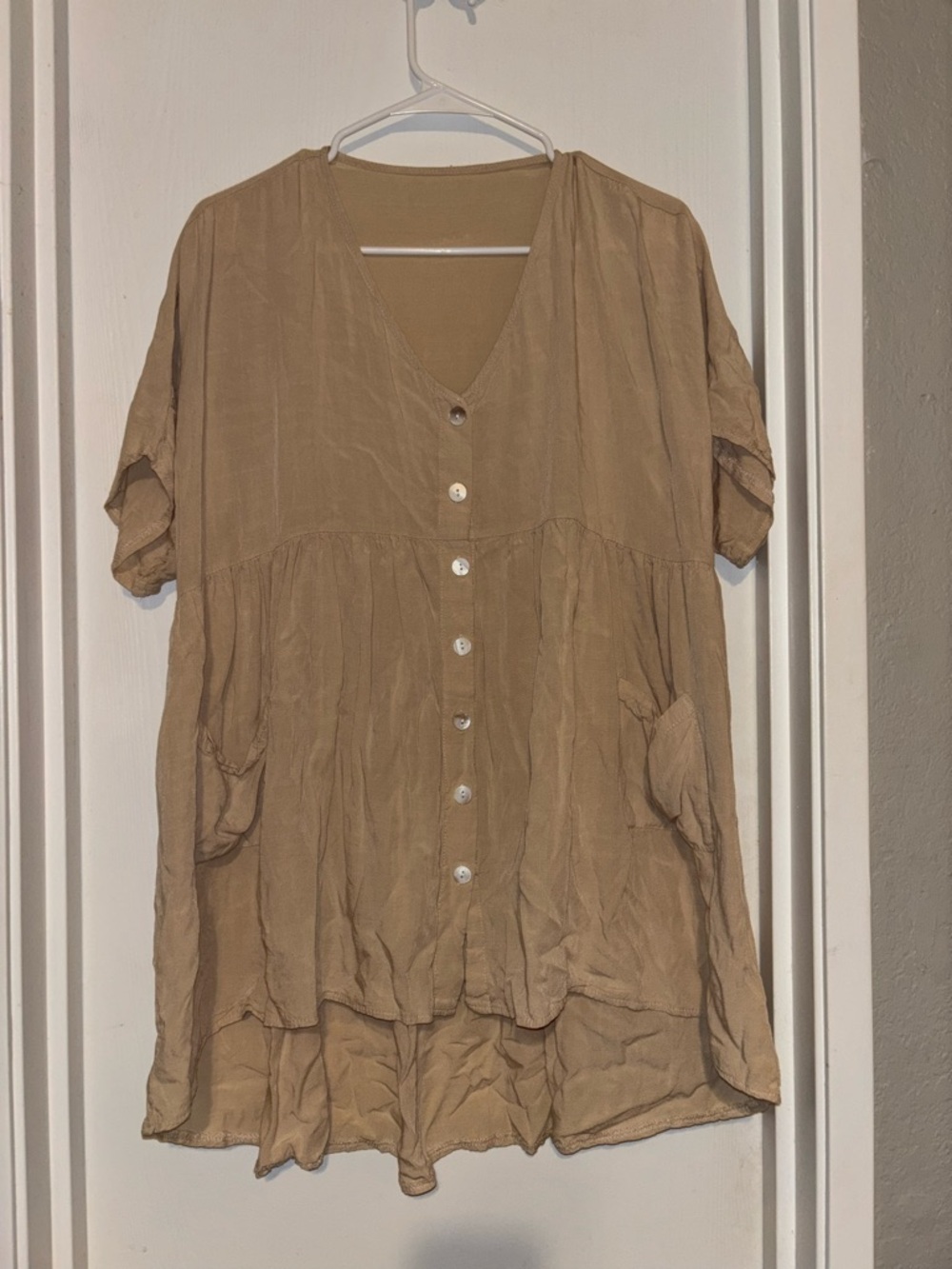 Relaxed Short-Sleeve Button Front Tunic - Tan